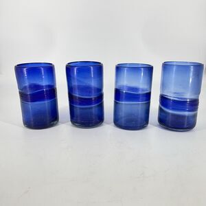 Set of 4 Vintage Hand Blown Cobalt Blue Glass Tumblers 5.5” MCM